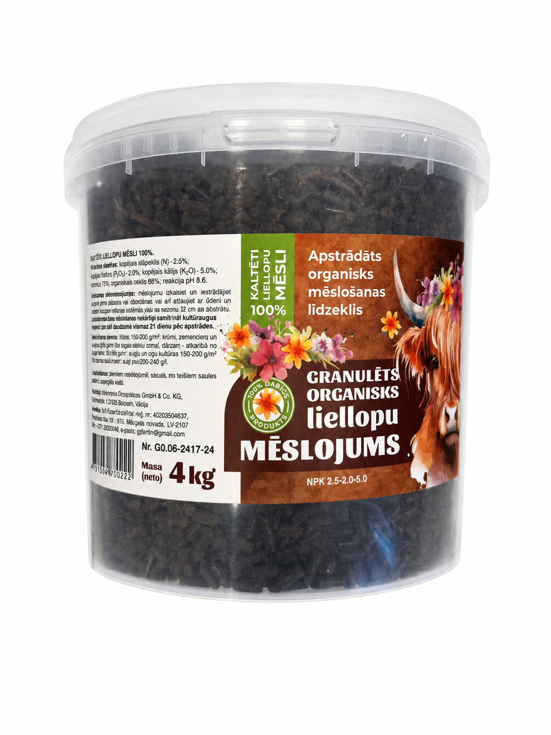 GRANULĒTI LIELLOPU MĒSLI 100%, 4KG