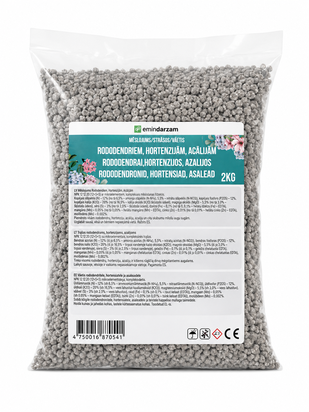 EMIN DARZAM GRANULĒTS MĒSLOJUMS RODODENDRIEM, HORTENZIJĀM, ACĀLIJĀM, 2KG