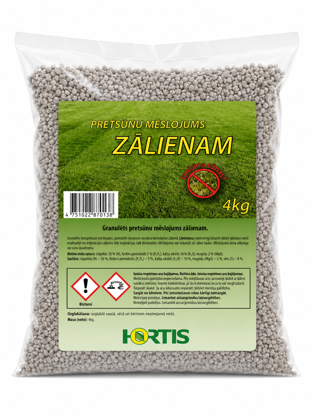 HORTIS KOMPLEKSAIS GRANULĒTAIS PRETSŪNU MĒSLOJUMS ZĀLIENAM AR DZELZI, 4KG