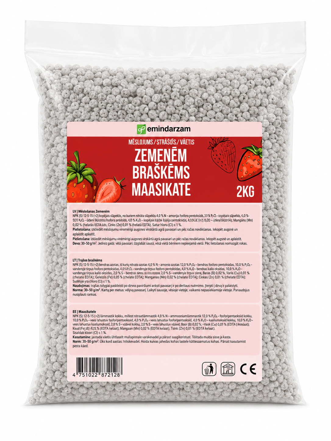 EMIN DĀRZAM KOMPLEKSAIS GRANULĒTAIS MĒSLOJUMS ZEMENĒM, 2KG