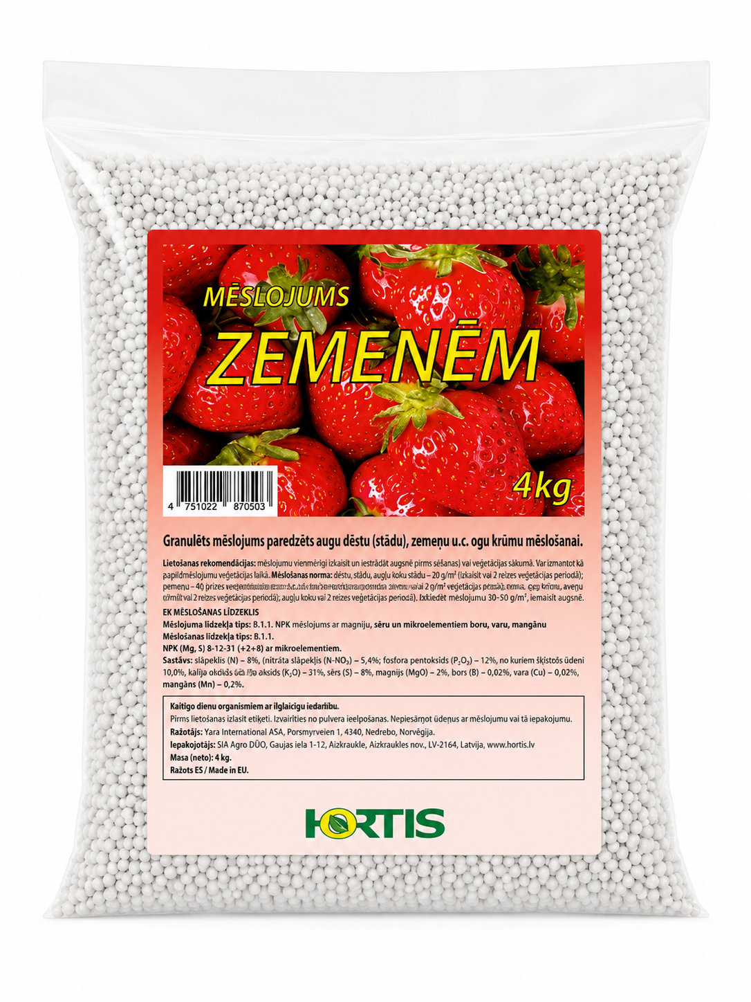 HORTIS KOMPLEKSAIS GRANULĒTAIS MĒSLOJUM ZEMENĒM, 4KG